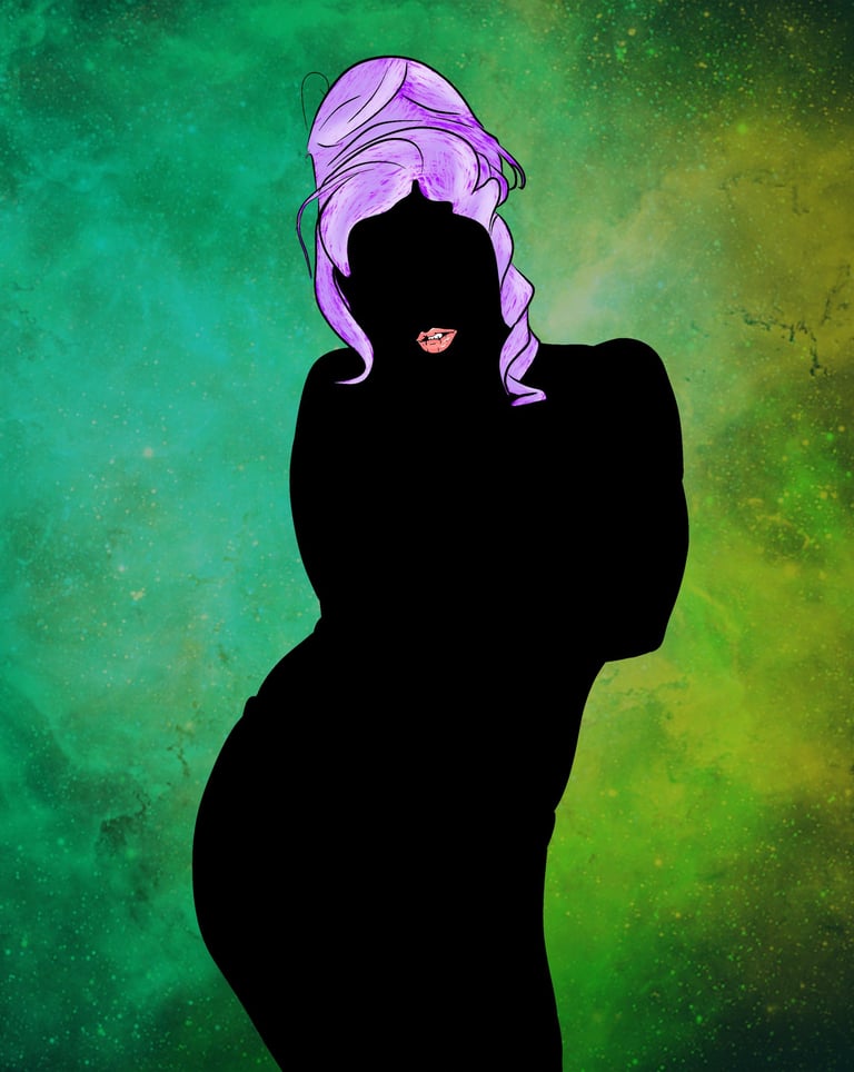 Silhouette of a beautiful woman with pink lips and a purple updo on a green galaxy background