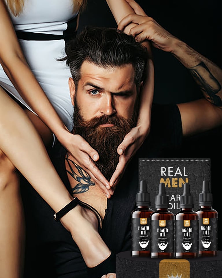 Yon Gason ki gen bab fonse ki chita ak pye yon fanm sou zepòl li, ak plizyè boutèy lwil bab Real Men
