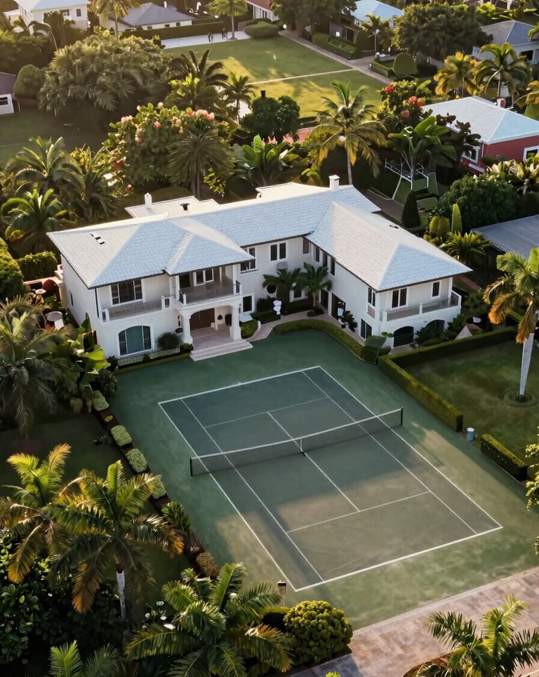 An aerial view of a private luxury estate with a tennis court and manicured gardens in a tropical Latin American setting, golden hour sunlight.