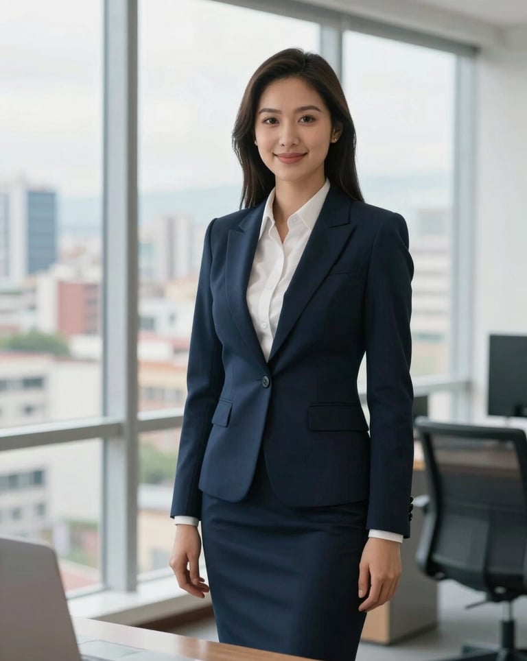 A professional portrait of a real estate advisor in elegant business attire standing in a bright, modern office with a view of a Latin American cityscape.