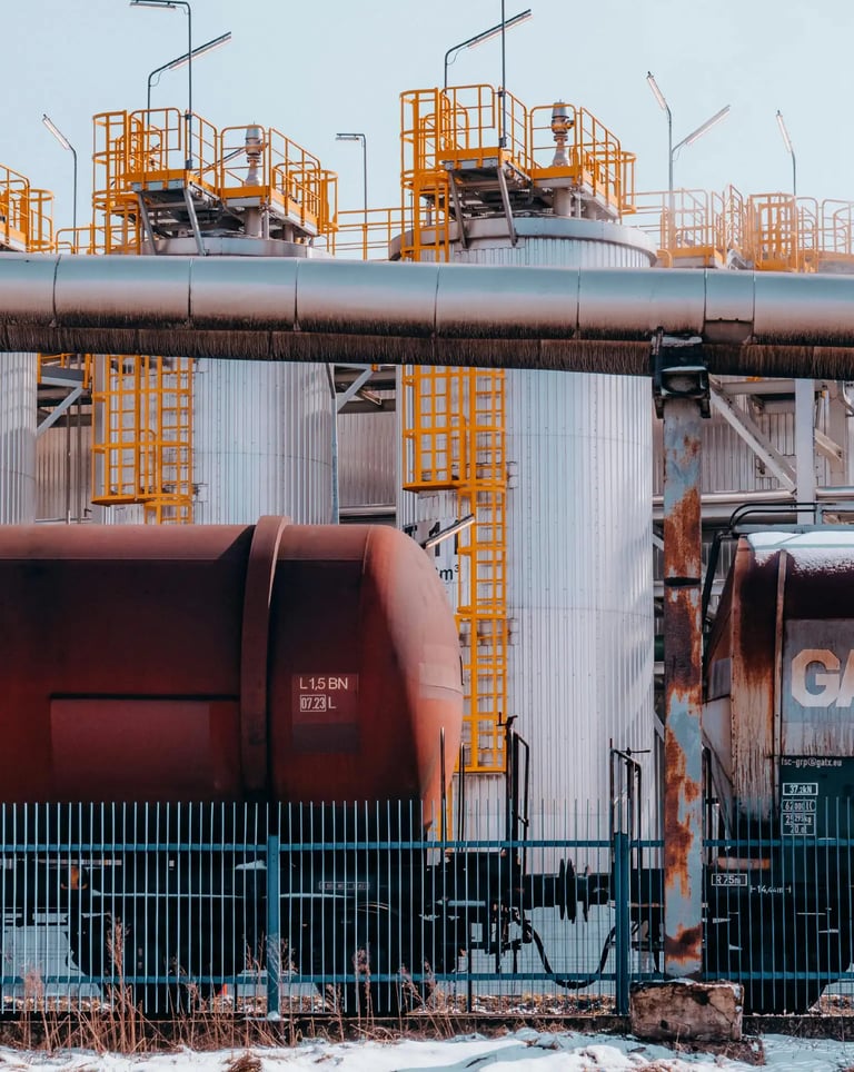 Tanques de carga industrial en una planta, representando el transporte de cargas especiales.