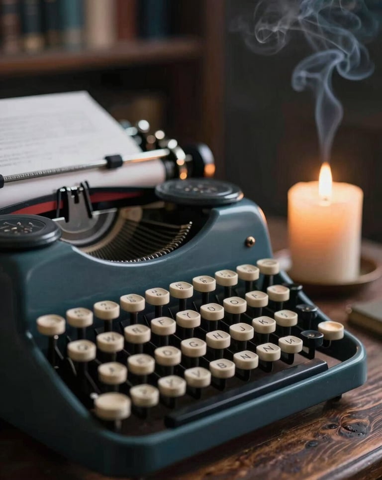 Close up of an antique typewriter on a dark wooden desk, with a single candle burning next to it. Wisps of smoke, moody library background in #1C2826.