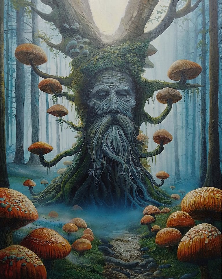 “Surreal fantasy artwork showing an old tree with a carved human face and beard, set in a mystical f