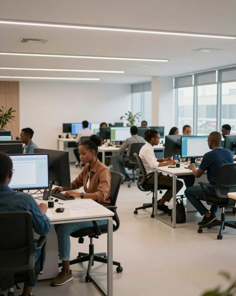 A wide shot of a modern Afrique Centrale / Congolais tech hub interior, featuring sleek furniture, people working on computers in a bright, professional environment.