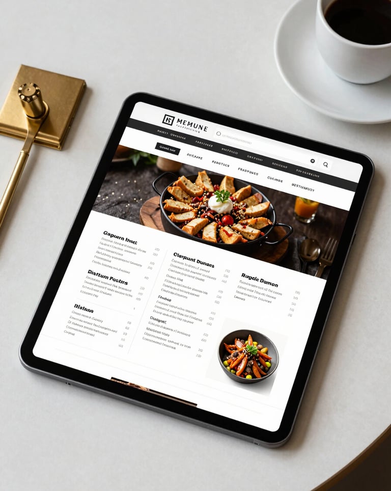 A top-down shot of a clean desk with a tablet displaying a high-end restaurant menu website, gold stationery, and a coffee cup, soft morning light.