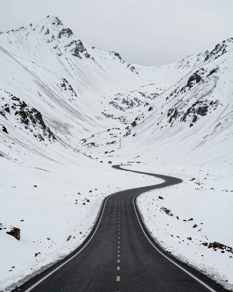 Wide-angle landscape of a high-altitude road cutting through snowy peaks in a Global / International mountain range. Cool off-white snow contrasting with the pitch black asphalt of the road.