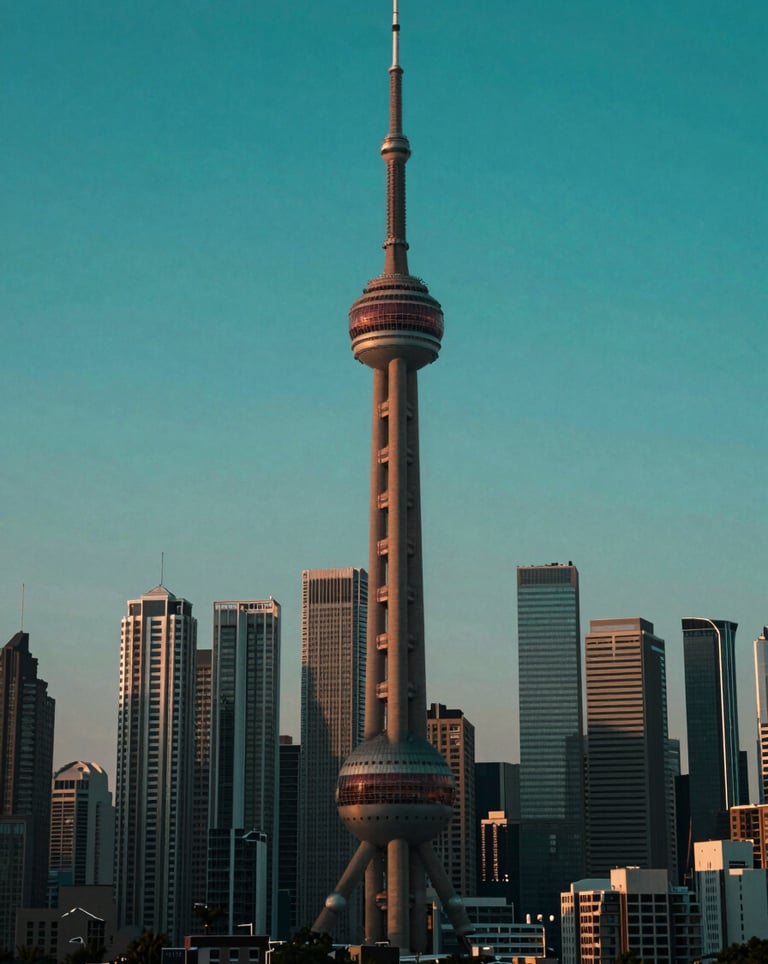 An elegant, cinematic shot of a modern city skyline at dusk, highlighting iconic North American architecture. Deep royal green and vibrant teal tones dominate the sky, symbolizing a prosperous and stable financial future.