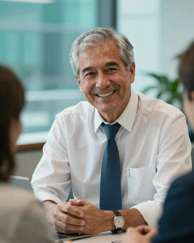 A candid, professional portrait of a senior financial advisor in a North American corporate office, smiling confidently during a consultation. The lighting is bright and natural, reflecting a vibrant teal and white color palette.