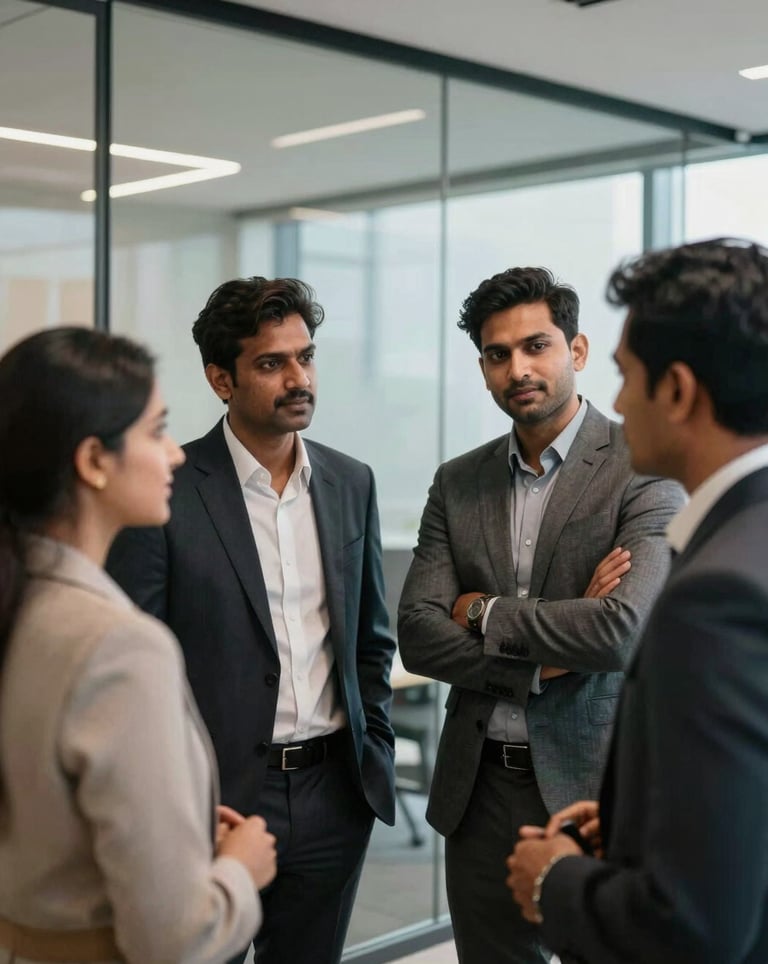 Photography of a professional Indian team, a man and a woman in business attire, having a collaborative discussion in a modern office with glass walls, reflecting confidence.