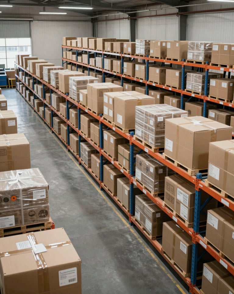 A wide shot of a modern, efficient, and clean logistics and distribution hub in India, featuring organized shelves and packages being prepared for shipping, emphasizing scale.