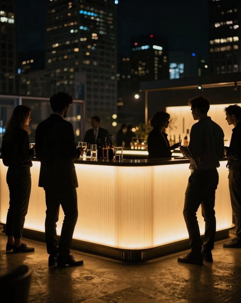 An atmospheric shot of a high-tech event lounge in a North American / Urban city at night. Silhouettes of guests interact around a glowing, modular LED bar setup. The composition uses deep shadows, gold highlights, and a luxurious vibe.