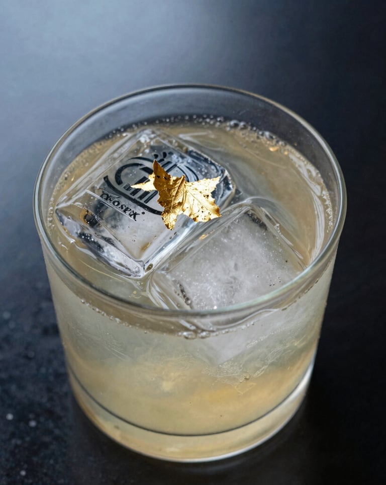 A professional overhead shot of artisanal cocktails on a polished black surface. The drinks feature custom clear ice cubes with embedded branding and gold leaf garnishes. Soft ambient lighting with a steel blue and gold color palette.