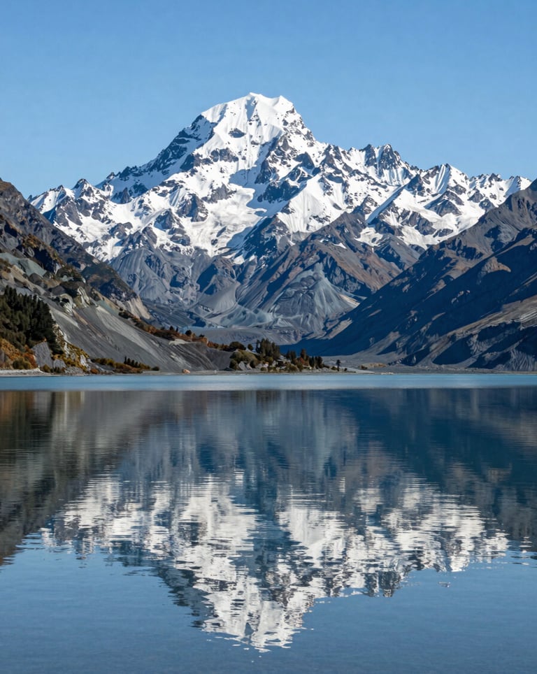 A serene view of Mount Cook reflected in the calm waters of Lake Pukaki, with a clean and bright composition. Oceania / New Zealand.