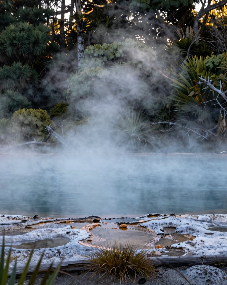 The thermal pools at Hanmer Springs surrounded by lush forest and rising steam in the early morning light. Oceania / New Zealand.