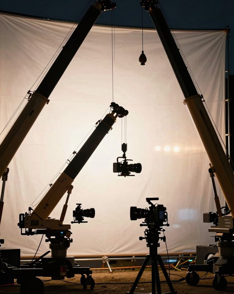 An atmospheric shot of a film production set in South Korea at night. High-end cameras on cranes are silhouetted against a softly glowing backdrop of off-white and gold lights.