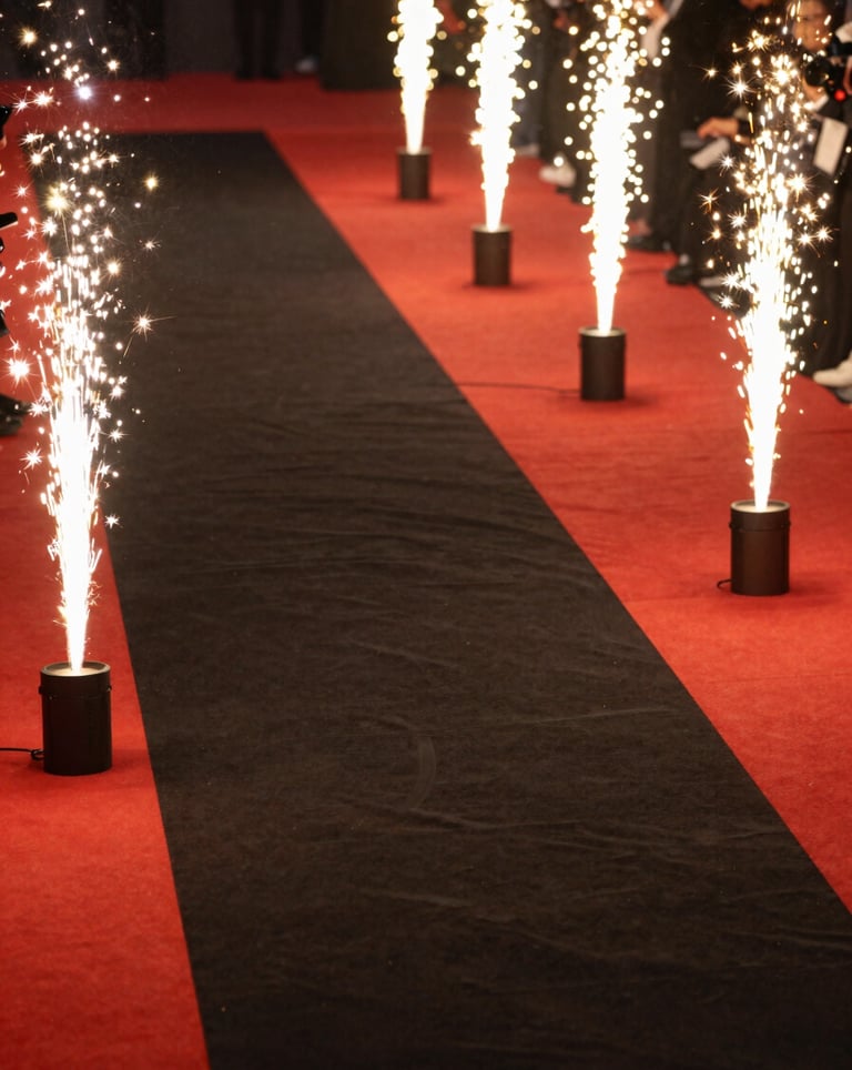 A high-angle photograph of a red carpet event in Seoul, South Korea. Golden flashes from cameras illuminate the polished black surface of the walkway, creating a sense of luxury and status.