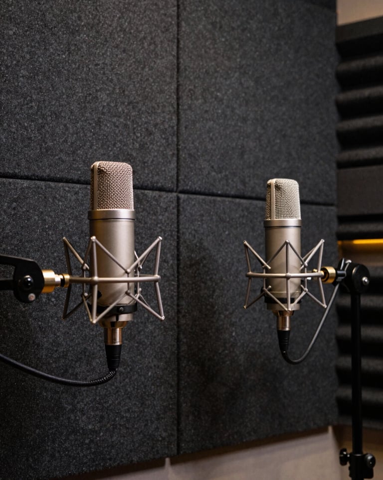 A modern, minimalist podcast studio in a South Asian / Indian creative hub. Two high-end microphones are set against a dark charcoal acoustic panel wall. Subtle metallic gold accent lights.