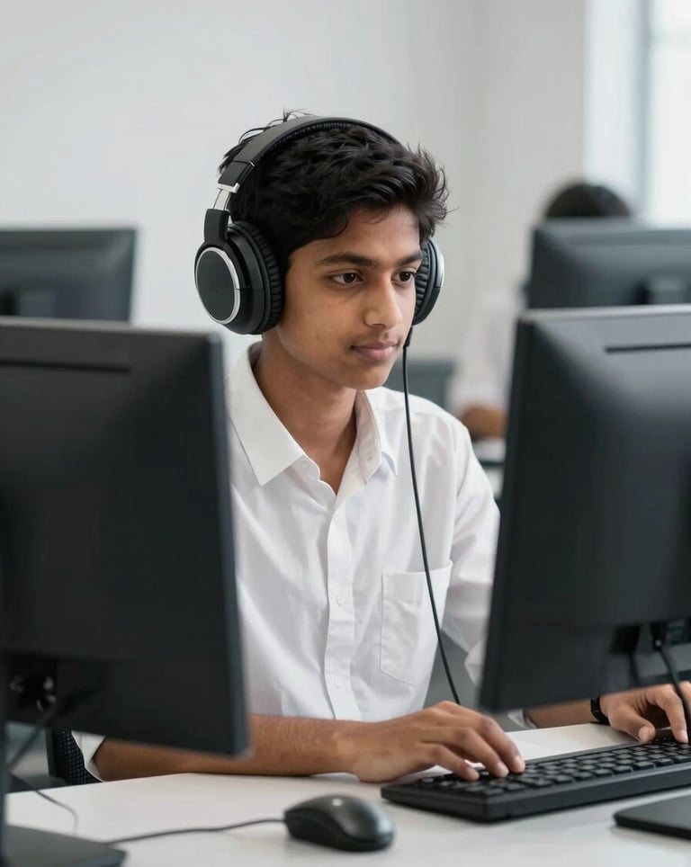A young South Asian / Indian student in a school media lab, wearing professional headphones and working on a sleek monitor. Clean, modern composition with white and pitch black accents.