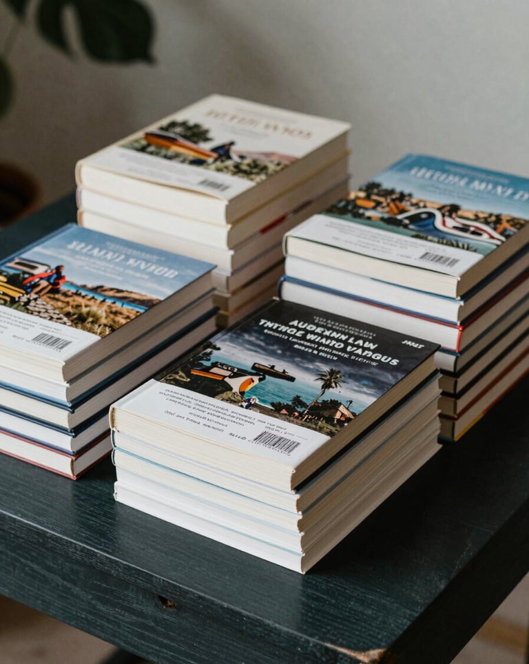 An organized display of professional travel books with ISBN barcodes visible, stacked neatly on a dark charcoal green wooden table with a soft sage leaf in the background.