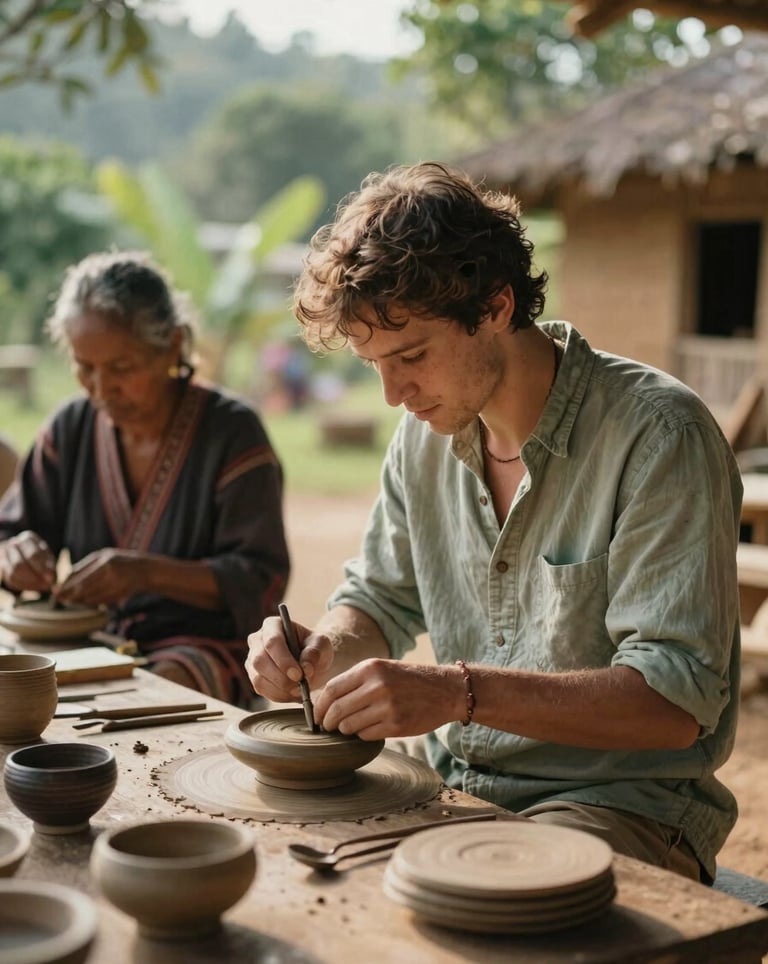 A traveler engaging in a cultural workshop with local artisans in a village. The lighting is warm and natural. The palette uses soft sage and earthy forest tones.