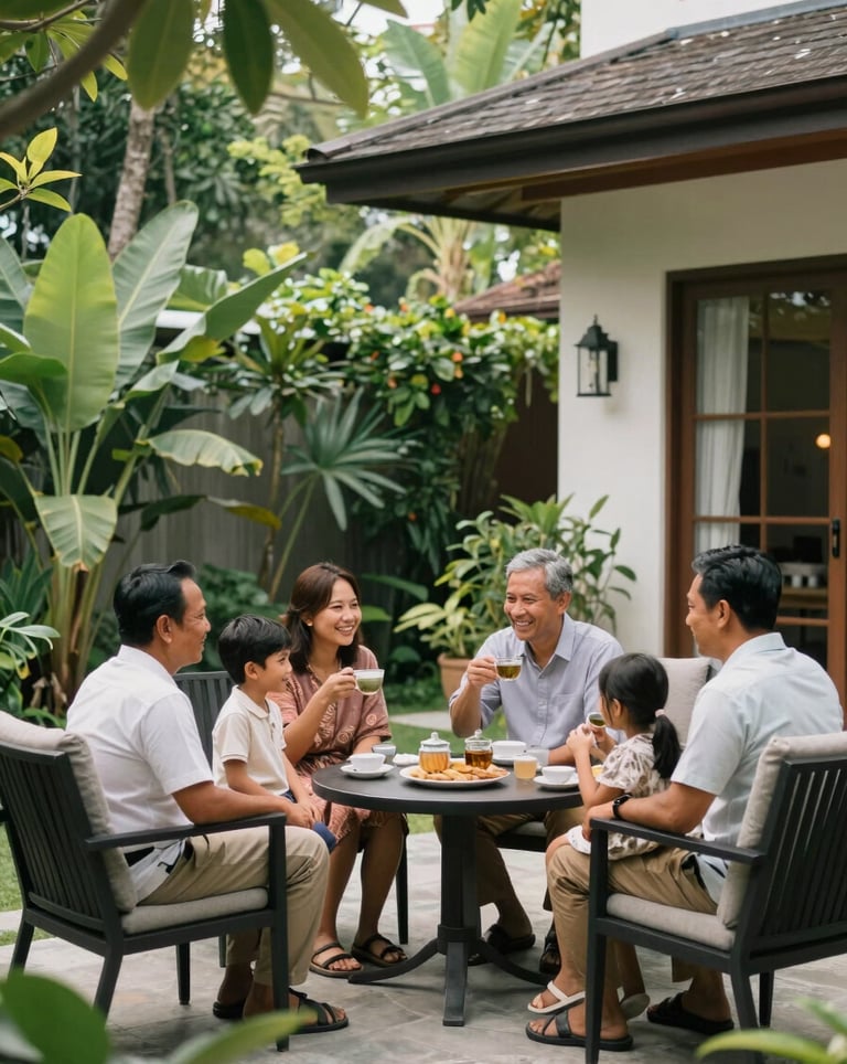 A heartwarming, candid photo of a happy Southeast Asian / Indonesian family enjoying tea in a sun-drenched, green courtyard garden of a modern home. Elegant garden furniture, calm atmosphere, vibrant forest green plants.