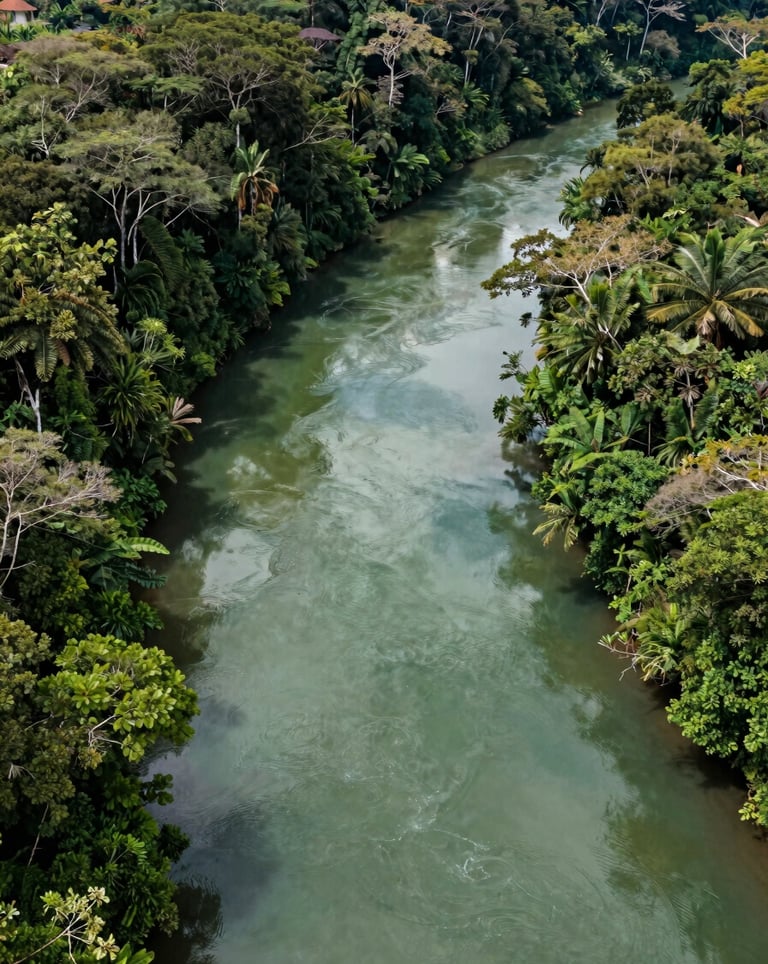 A majestic aerial view of a winding river through the South American / Colombian jungle of Catatumbo, with clear waters reflecting the Sage Green and Dark Forest Green of the surrounding ancient trees.