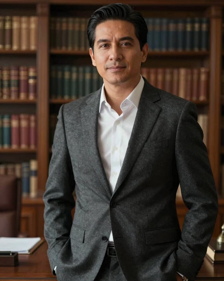 An elegant portrait of a 37-year-old South American businessman in a charcoal suit, standing in a refined office library. The lighting is soft and cinematic, highlighting an atmosphere of authority and human warmth.