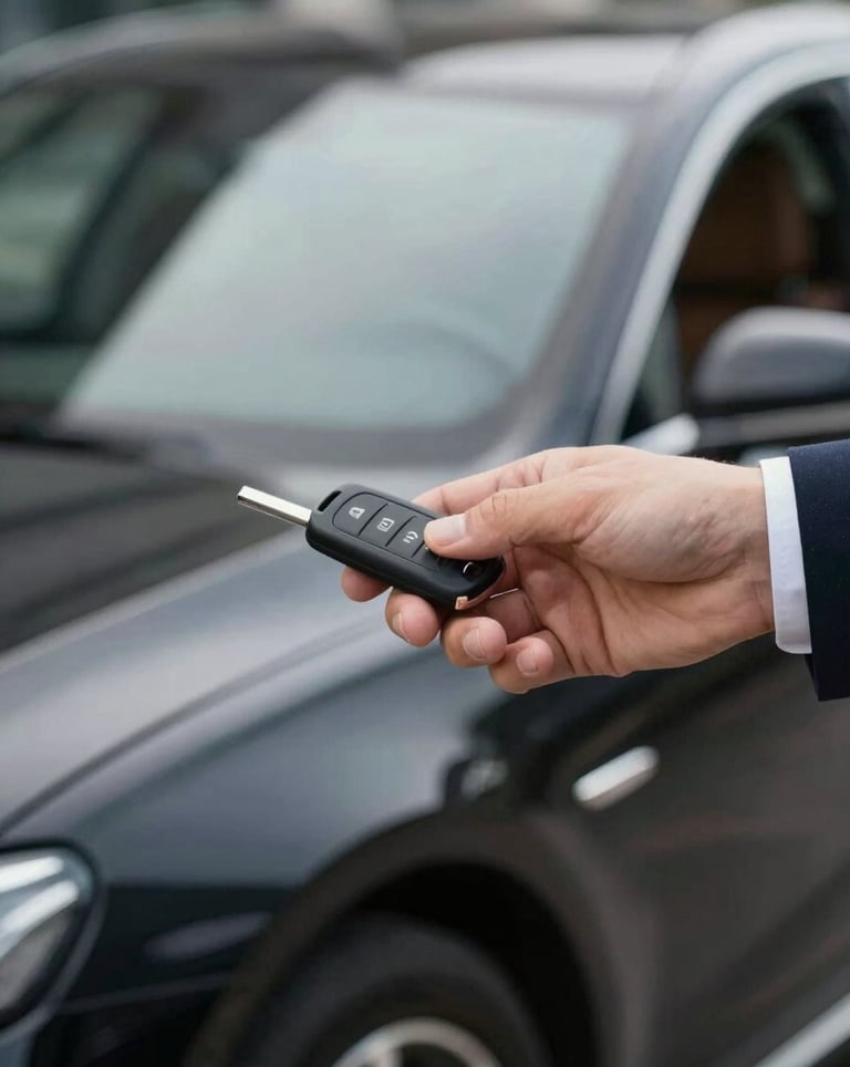 A close-up of a premium car key being handed over between professionals, shallow depth of field with a blurred luxury car interior in the background, sophisticated and trustworthy vibe.