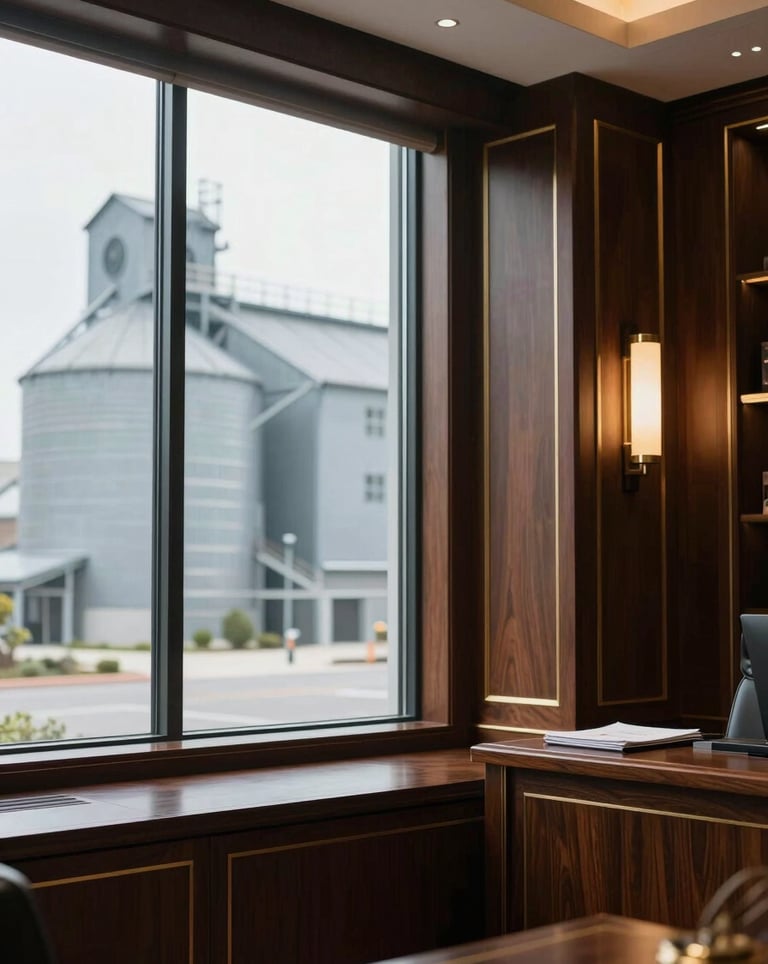 Executive office interior with dark wood and gold accents, large window showing a blurry view of a modern grain elevator, sophisticated and formal atmosphere.