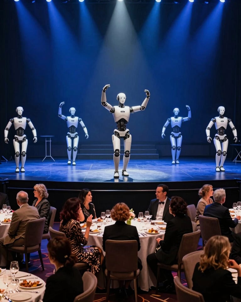 A wide shot of a luxury dinner theatre in Las Vegas. Guests are seated at elegant tables while advanced, graceful robots perform on a central stage with dramatic blue lighting.