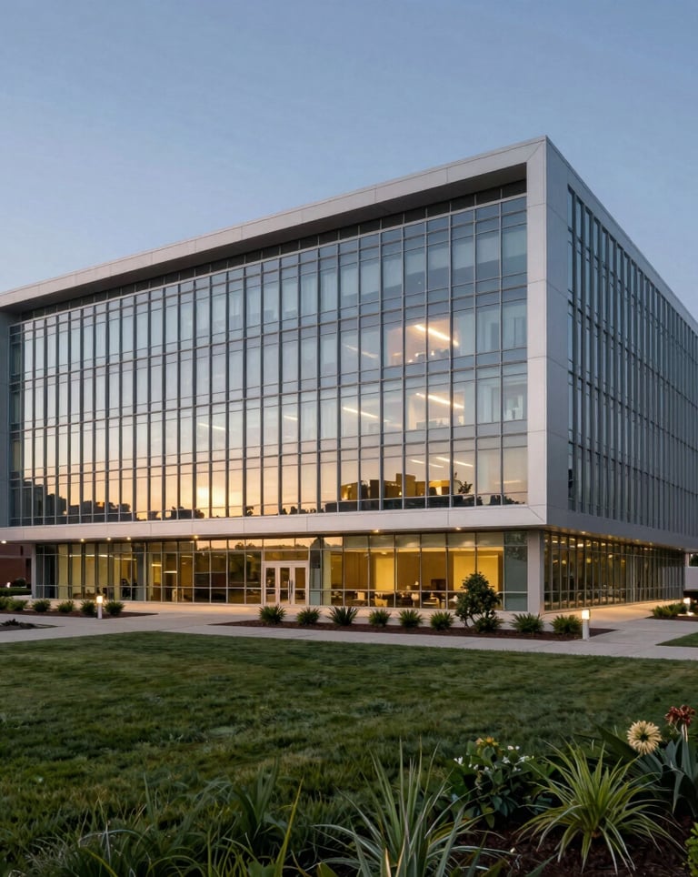 Exterior shot of a modern, professional corporate headquarters in Lenexa, Kansas, featuring glass architecture and a manicured North American landscape at dusk.