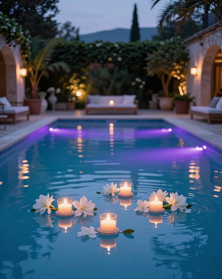 A twilight view of a grand swimming pool in a Mediterranean garden. Floating candles and white flowers drift on the water, surrounded by purple and champagne lighting.