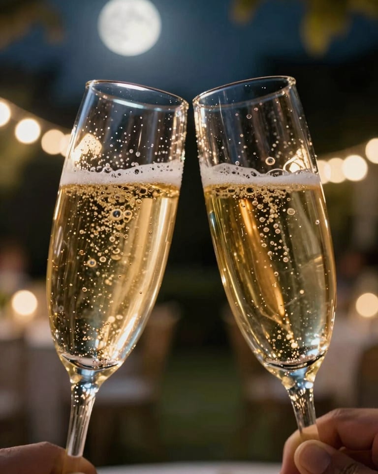 Macro shot of two champagne glasses clinking. Golden bubbles sparkle under soft moonlight. In the blurred background, a garden party glows with hundreds of fairy lights.