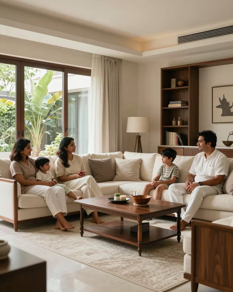 An elegant family of South Asian / Indian descent relaxing in a spacious, sunlit living room of a premium Bangalore residence, styled with soft off-white fabrics and dark wood accents.