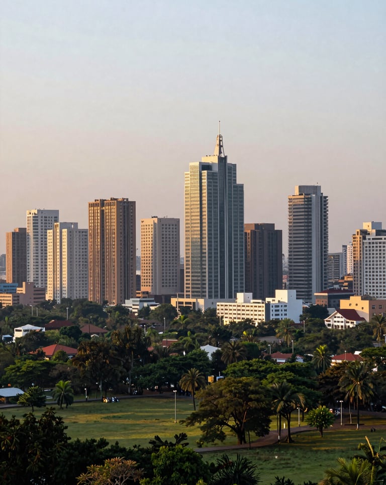A wide-angle landscape photograph of Bangalore's modern skyline at dawn, featuring prominent high-rise buildings and lush parks, captured in a clean, professional architectural style.