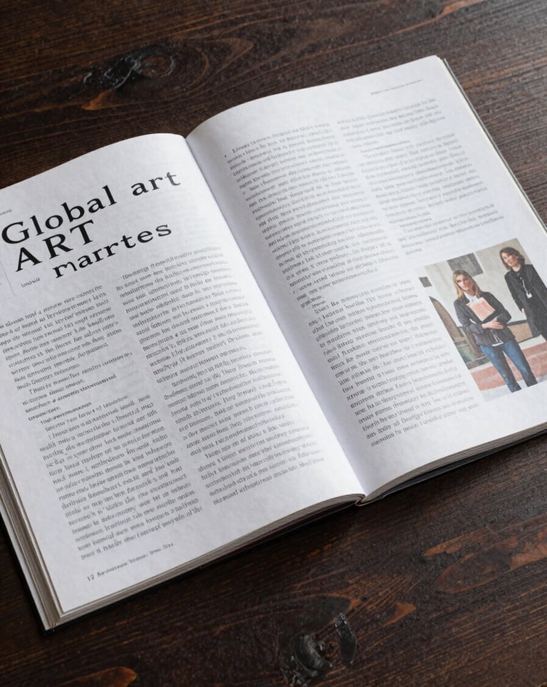 A high-angle photograph of an open art magazine with high-quality printing, showing an article about global art markets, placed on a dark wood table.