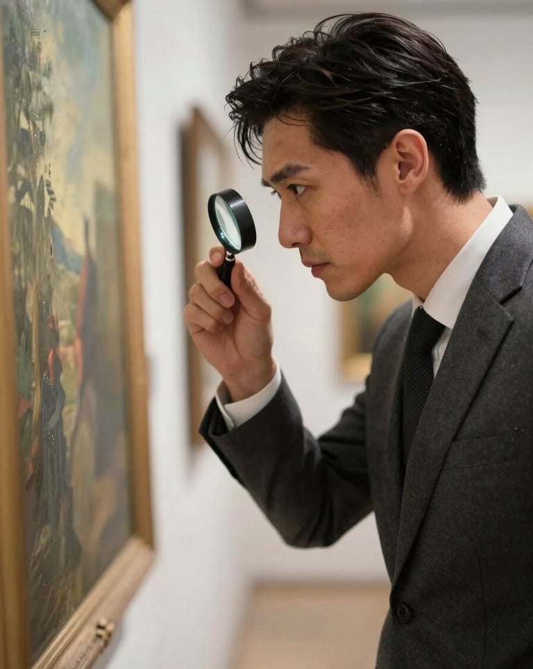 A sophisticated individual in professional attire examining a large painting with a magnifying loupe, symbolizing expert authentication in a high-end international gallery.