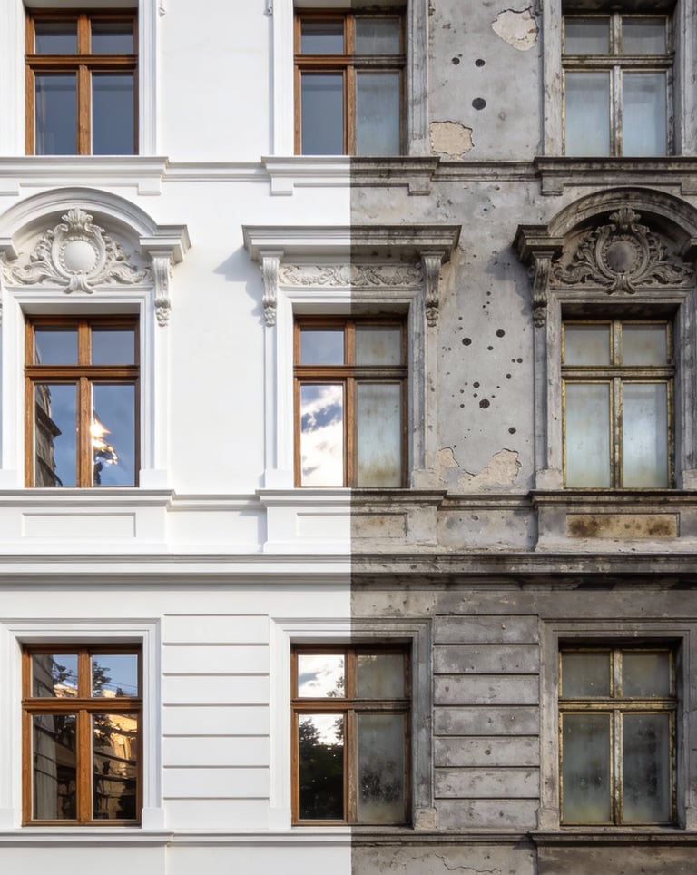 Gegenüberstellung einer historischen Gebäudefassade mit und ohne Bauschäden