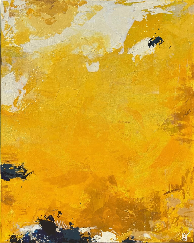 Kate Young abstract painting, size 30x24, yellow and white, Guelph artist