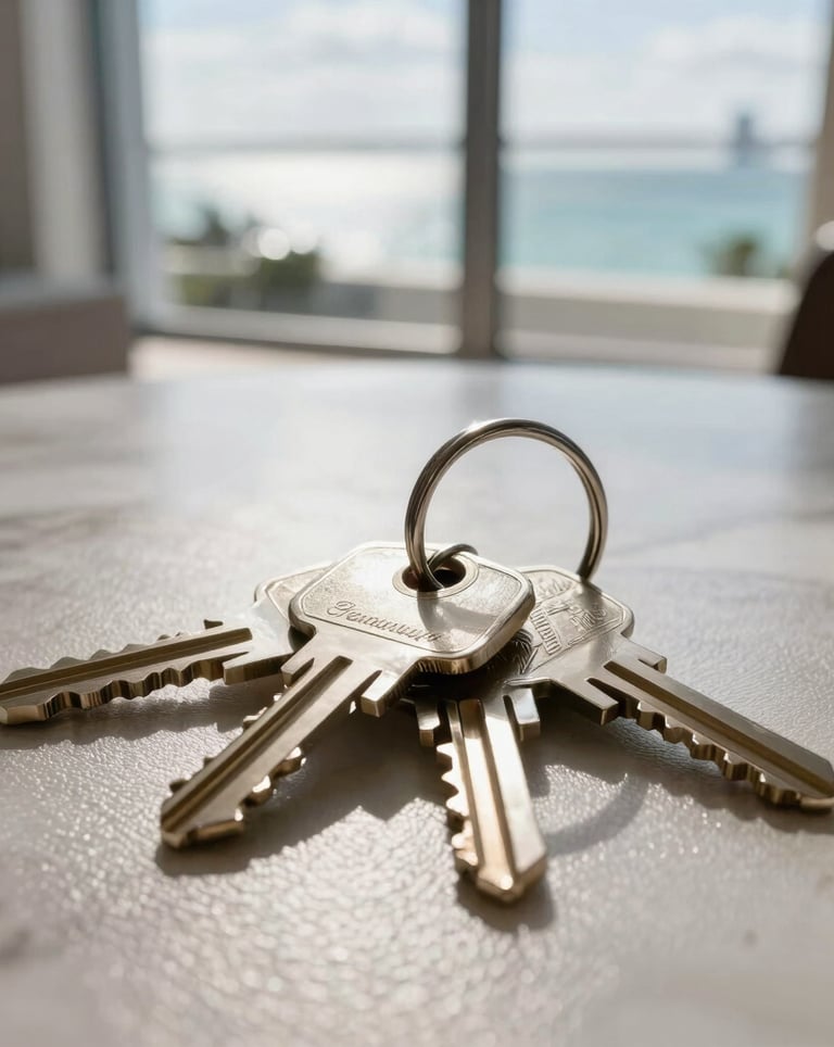 Close-up photography of a set of keys on an elegant leather surface inside a luxury apartment, with soft sunlight and a blurred view of the Miami bay behind.