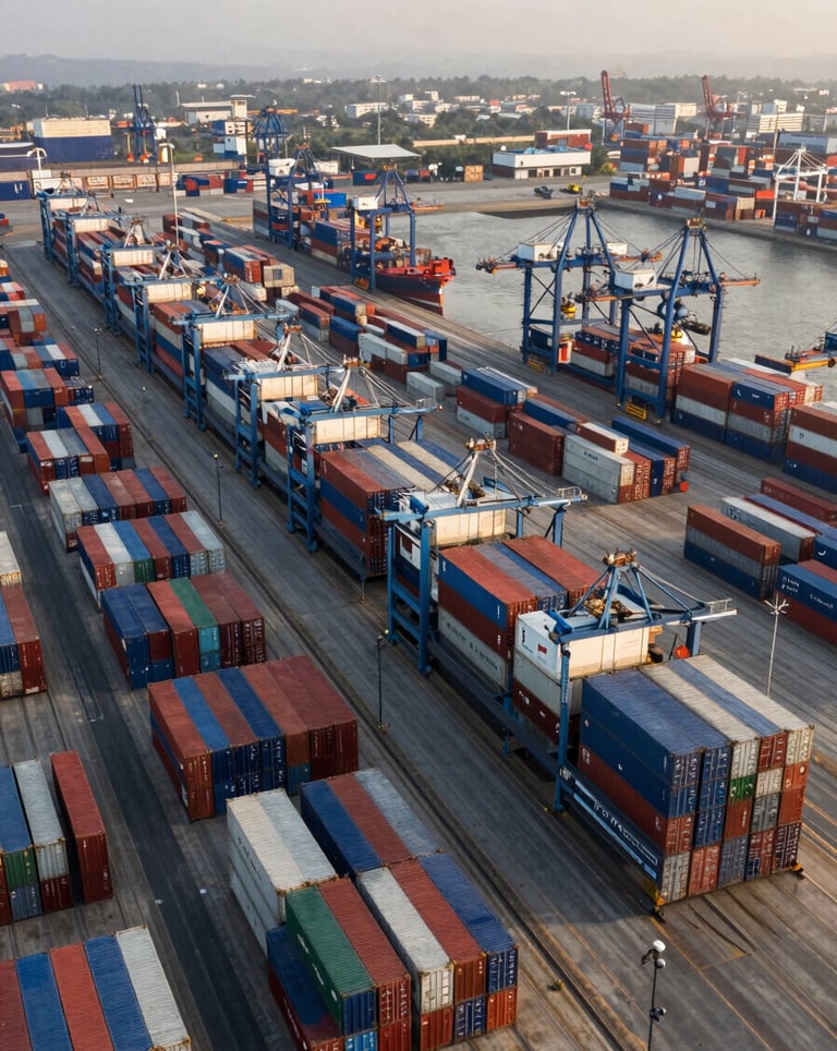 An aerial panoramic view of a massive international shipping port in India during the morning golden hour. Hundreds of containers stacked neatly, representing elite logistics.