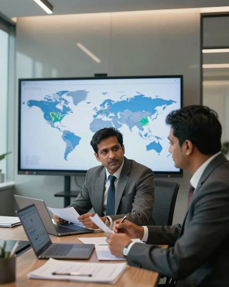 Two professionals in a modern South Asian / Indian boardroom in a high-rise office. They are reviewing global trade charts on a large screen. Sophisticated corporate environment.