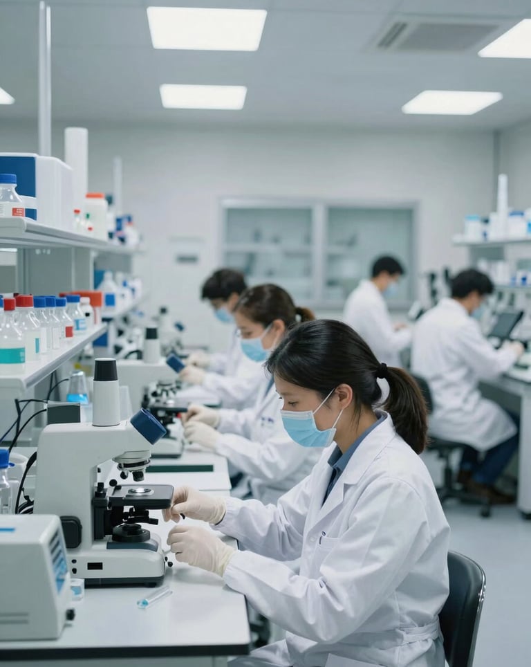 Wide shot of a modern, organized Brazilian biotechnology laboratory. Scientists in white coats are working with precision instruments. The atmosphere is professional, clinical, and high-tech.