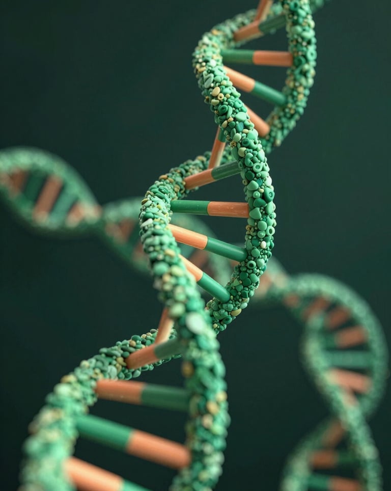 A sophisticated 3D abstract visualization of a DNA strand or molecular sequence, rendered in forest green and soft orange light against a deep background. Professional and technological.
