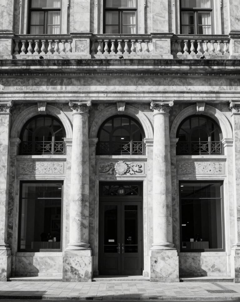 Black and white shot of a classic stone facade of a Portuguese bank or corporate headquarters, representing stability and tradition.