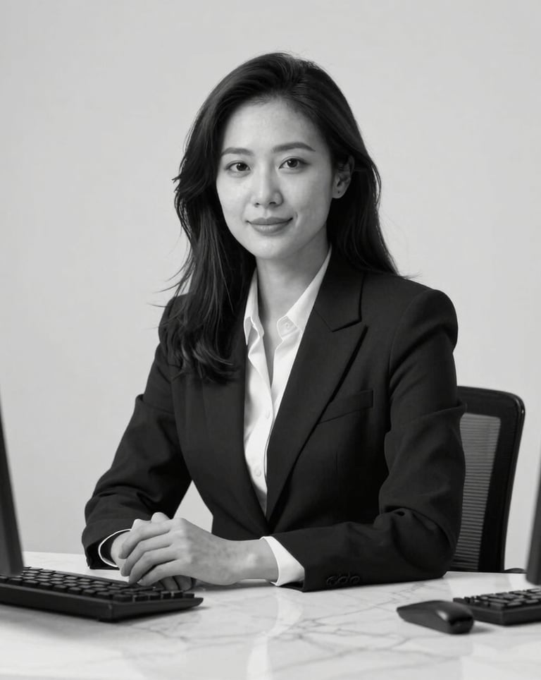A sophisticated black and white portrait of a professional workplace setting with clean marble surfaces and minimal decor.