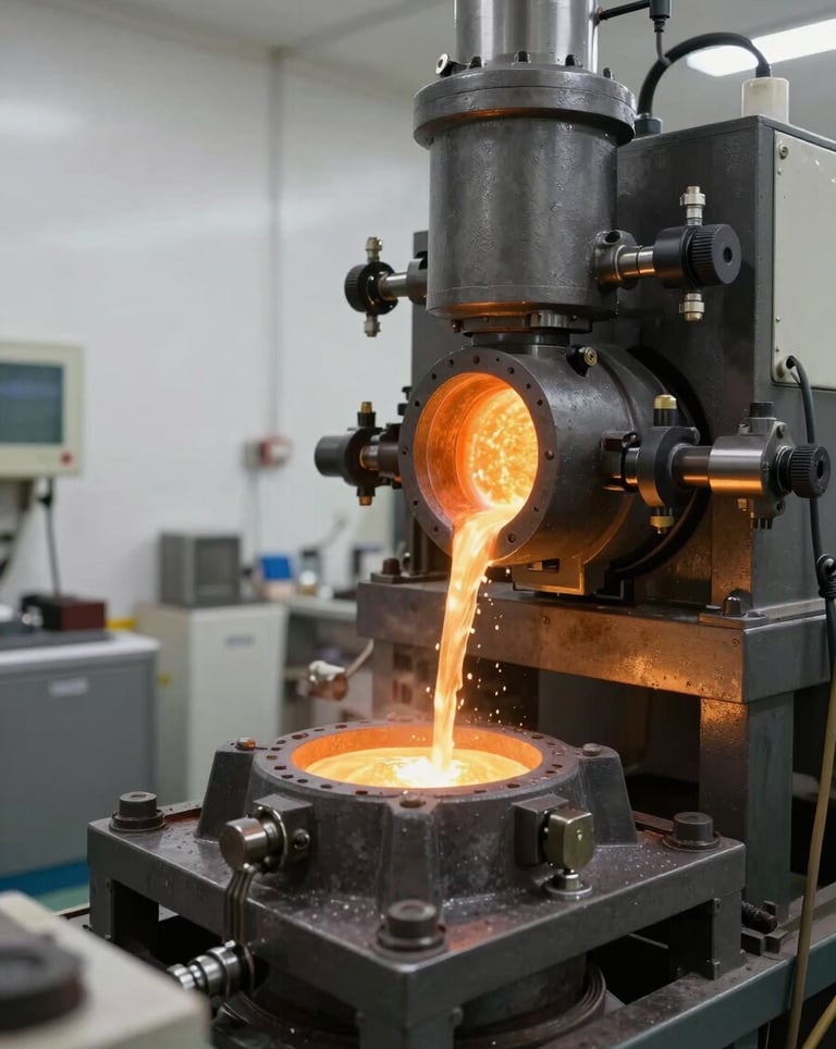 Industrial photography of a high-tech gold refinery in Bahrain. A state-of-the-art facility where molten gold is poured into molds, featuring clean white walls and charcoal industrial machinery.