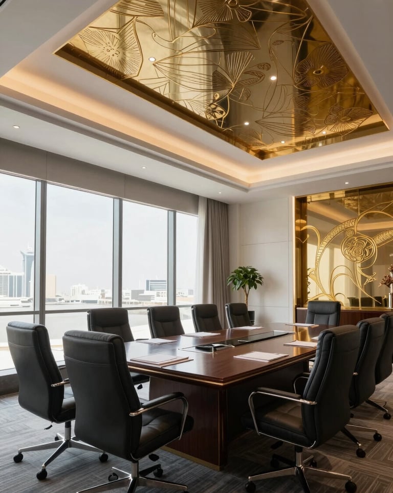 A wide-angle interior photograph of a luxurious corporate boardroom in Manama, Bahrain. Large windows, white walls, and elegant charcoal and gold decorative elements.