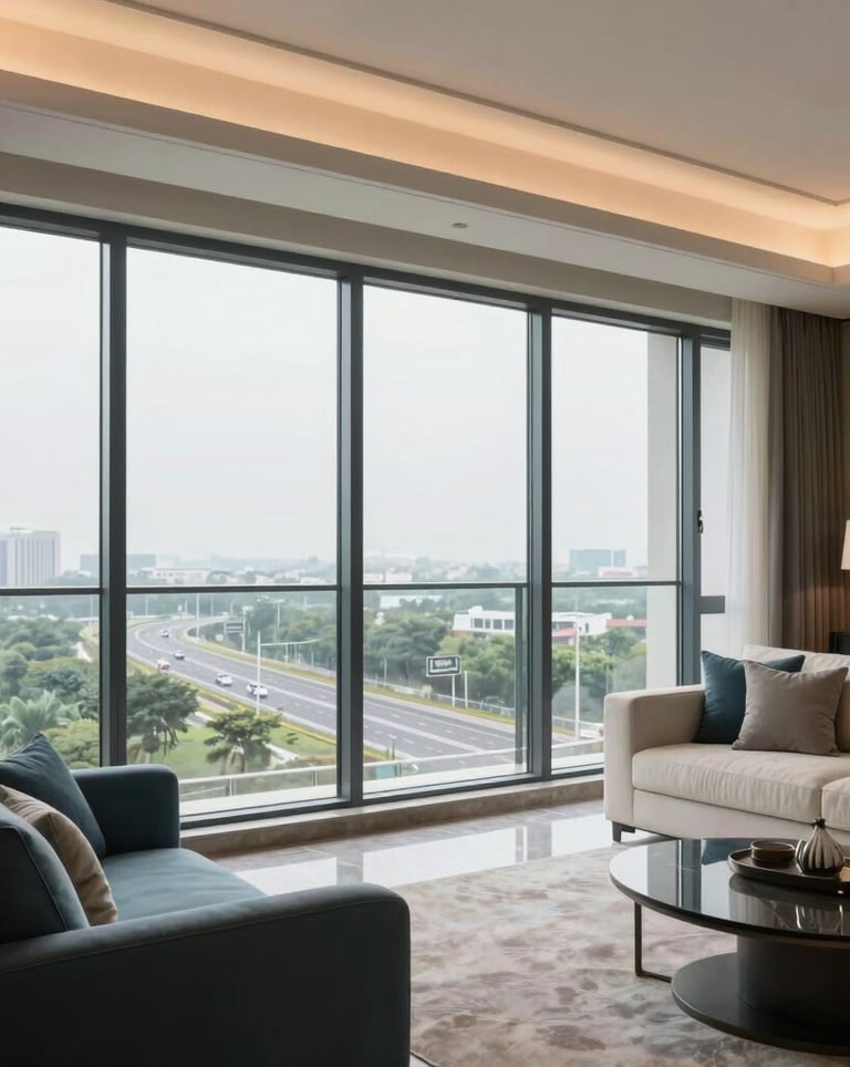Interior shot of a high-rise living room featuring floor-to-ceiling windows with a view of the Noida expressway. The furniture is modern and elegant in muted blue and off-white. Professional interior photography, trustworthy and refined South Asian / Indian residential context.