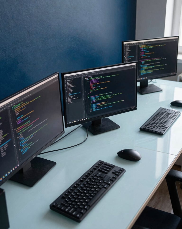 A high-angle shot of a clean, modern workspace with multiple screens displaying code. The lighting is soft and natural. The room features a deep blue accent wall and a light ice blue desk, reflecting a sophisticated and innovative atmosphere.